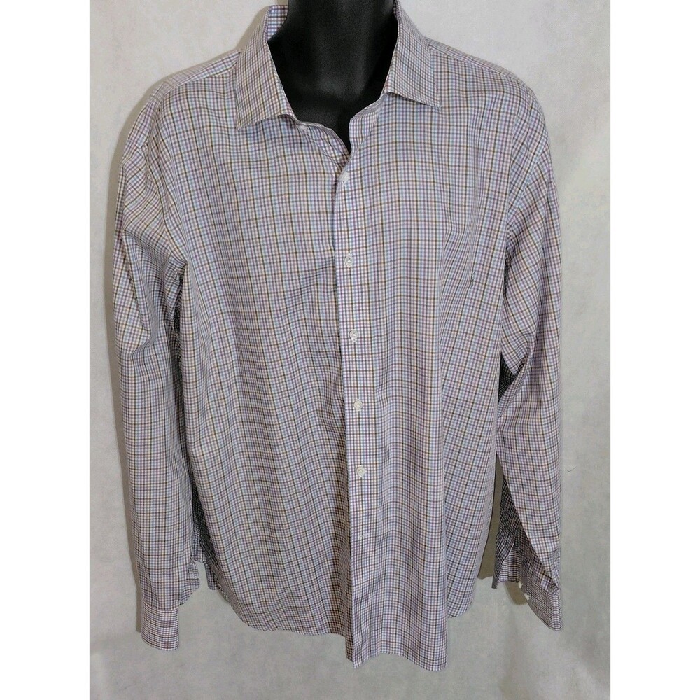 Peter Millar Button Up Shirt Mens 2XL Blue Pink Plaid Long Sleeve Classic Fit - Picture 3 of 12